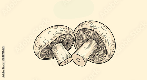 Detailed naturalistic drawing of two fresh champignon mushrooms with visible gills and stems against a soft and neutral cream background.