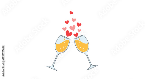 Two champagne glasses clink together in a joyful toast with floating red hearts to represent love, romance, and special celebration occasions.