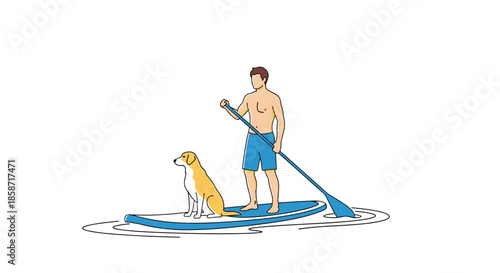 Young man stands on a blue paddleboard with his faithful dog sitting beside him on a calm water surface during a sunny summer vacation day.
