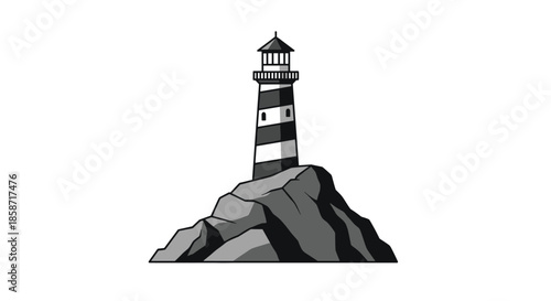 Striking lighthouse with black and white stripes stands tall on top of a jagged rock formation to guide ships through dark coastal waters.
