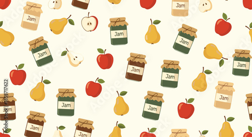 Seamless pattern with various fruit jam jars, whole and sliced apples and pears on a light cream background for textile design.