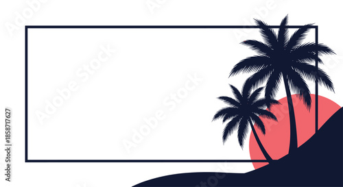 Tropical frame design featuring silhouettes of palm trees against a large red sun and dark waves on a white background.