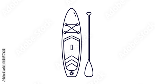 Simple line art illustration of a stand up paddleboard and a single paddle isolated on a clean white background.