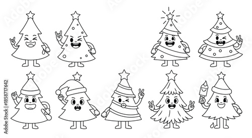 Set of cute Christmas tree characters in black and white line art with different poses and happy facial expressions.