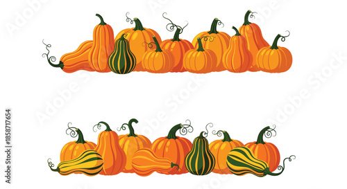 Decorative horizontal borders composed of various pumpkins, squashes, and gourds for autumn and harvest themes.