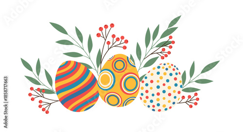 Set of three brightly patterned Easter eggs decorated with stripes, circles, and dots among green leaves and berries.