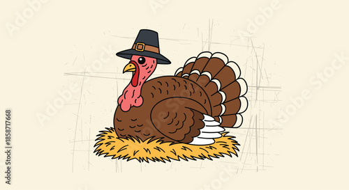 Festive Thanksgiving illustration of a cute cartoon turkey wearing a pilgrim hat and sitting in a nest of straw.