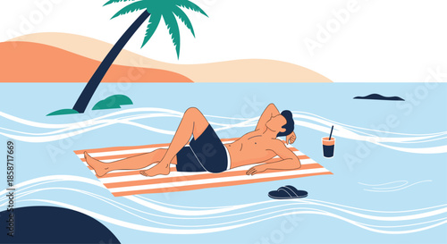 Relaxing summer illustration of a man sunbathing on a striped towel at the beach with a palm tree and ocean waves.