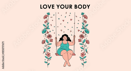 Empowering illustration of a plus size woman sitting on a swing surrounded by floral decorations and body positive text.