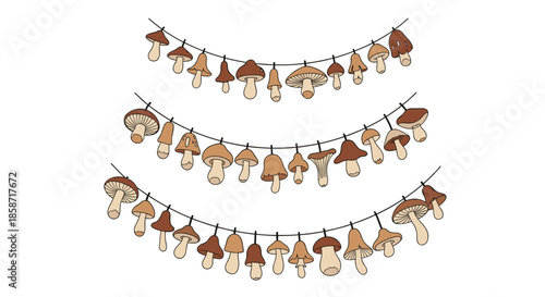 Whimsical illustration of three garlands made of different types of forest mushrooms hanging on thin strings.