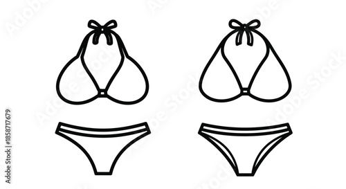 Simple line art illustration of two different women's bikini swimwear sets isolated on a plain white background.
