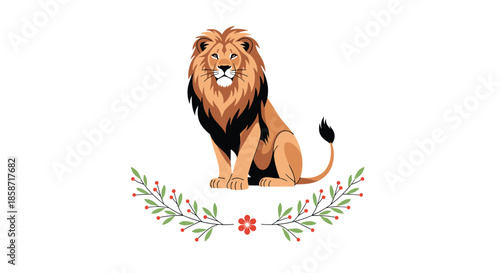 Majestic lion sitting calmly above a decorative wreath of green leaves and red berries on a white background.