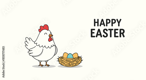 Cute Easter greeting card featuring a cartoon white hen standing by a nest of colorful eggs on a light background.
