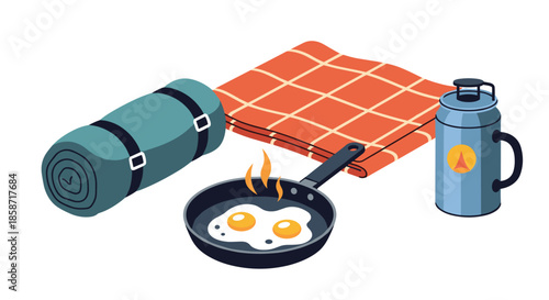 Outdoor camping equipment set including a rolled sleeping bag, picnic blanket, frying pan with eggs, and water bottle.