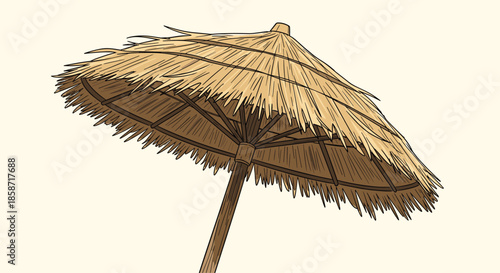 Tropical beach scene element featuring a straw sun umbrella made of dried leaves on a bright yellow background.