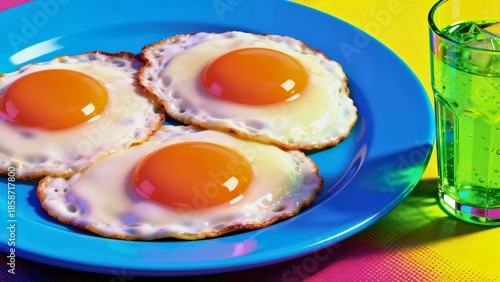 Wallpaper Mural A bright blue plate with three sunny-side-up eggs beside a glass of neon-green soda. High-intensity studio lighting creates a hyper-real, pop-art feel.
 Torontodigital.ca