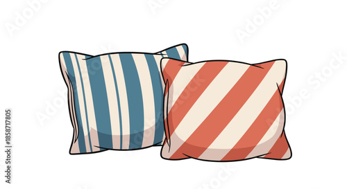 Illustration of two soft striped throw pillows in blue and red colors for home decor and comfort themes.