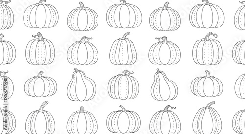 Minimalist seamless pattern featuring various pumpkin and squash outlines for autumn and halloween backgrounds.
