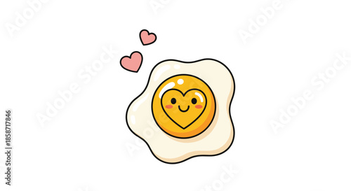 Cute cartoon illustration of a fried egg with a heart shaped yolk and floating hearts for breakfast and love themes.