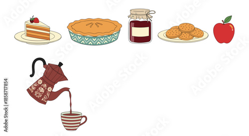 Set of assorted food and drink illustrations including cake pie jam cookies apple and pouring coffee for cafe menus.