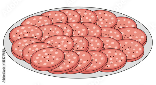 Illustration of a white plate piled high with round slices of salami or pepperoni for food and snack themes.