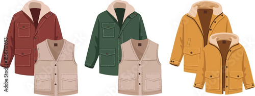 Illustration of colorful winter jackets and vests presented in a flat style