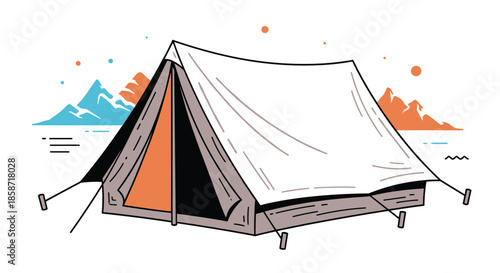 Camping tent set up in wilderness with mountains in the background for outdoor adventure and tourism concepts on white background.
