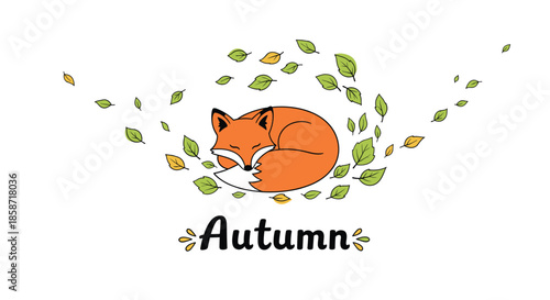 Cute orange fox curled up and sleeping peacefully surrounded by swirling autumn leaves with text autumn below on white background.
