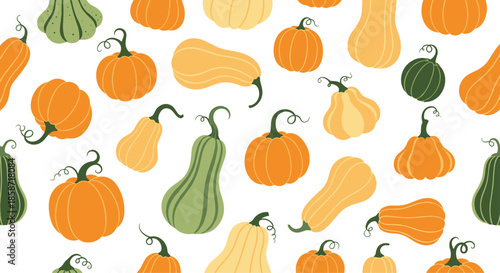 Seamless pattern featuring various types of colorful pumpkins and gourds in different shapes and sizes for autumn harvest decor.