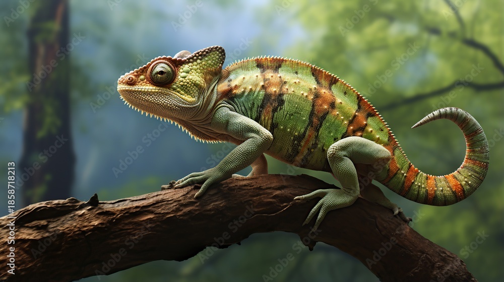 Fototapeta premium Vibrant Green and Brown Chameleon Perched Carefully on a Forest Branch