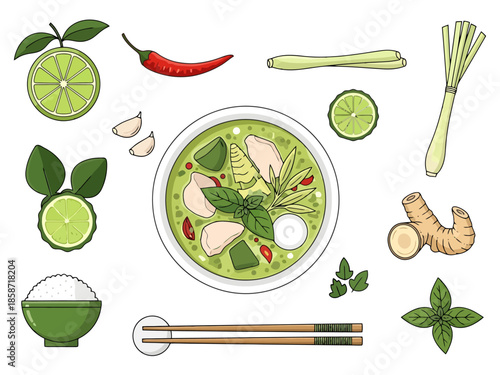 Authentic Asian Culinary Ingredients and Green Curry Dish Collection