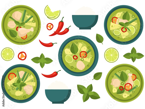 Flat Design Thai Green Curry Meal Arrangement with Ingredients