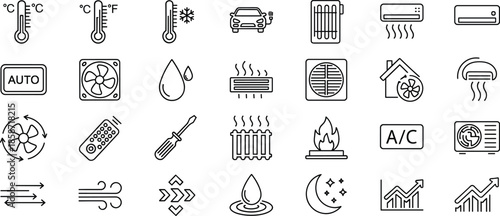 Climate control and HVAC line icons set featuring heating, cooling, ventilation, air conditioning, temperature, energy efficiency symbolsWeb