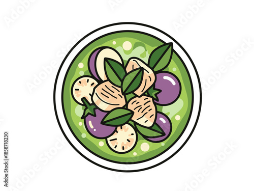 Homemade Green Curry With Chicken and Vegetables Overhead View