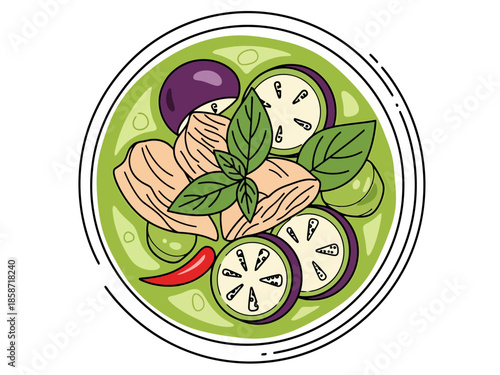 Flat Design Asian Green Curry Meal with Chicken and Vegetables