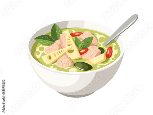 Dish of Green Coconut Curry with Chicken and Bamboo Shoots