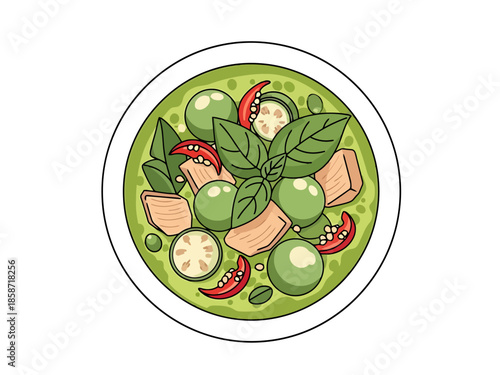 Delicious Thai Green Curry Dish with Meat and Vegetables Top View