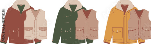 Illustration of four fashionable jackets in different colors with fur collars