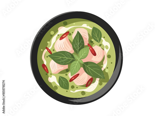 Asian Green Curry with Chicken and Basil in Bowl