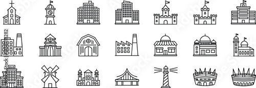 City landmarks and architecture line icons set featuring buildings, churches, museums, factories, towers and stadiums for urban map UI design