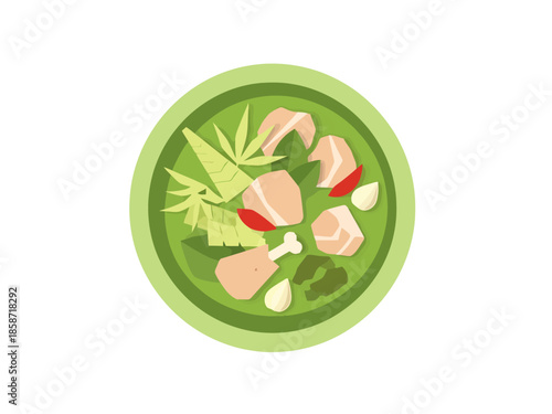 Flat Design Bowl of Nourishing Chicken Soup with Greens and Vegetables