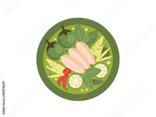 Thai Green Curry Dish Top View Flat Design