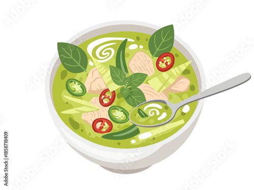 Delicious Green Curry Dish with Spoon and Garnish