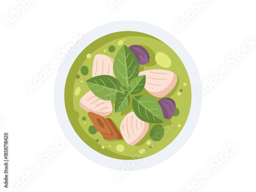Vibrant Green Curry Dish with Chicken and Basil Overhead View