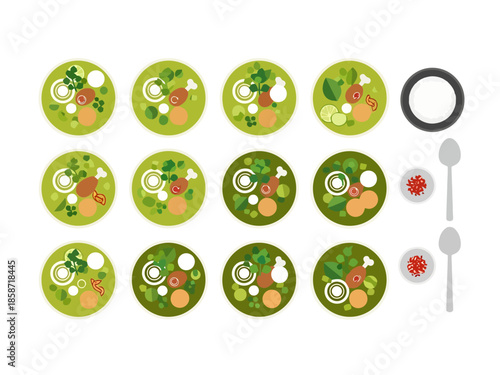 Top View of Twelve Bowls of Green Vegetable Soup with Spoon and Condiments