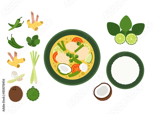 Tom Yum Soup Ingredients and Dish Flat Design