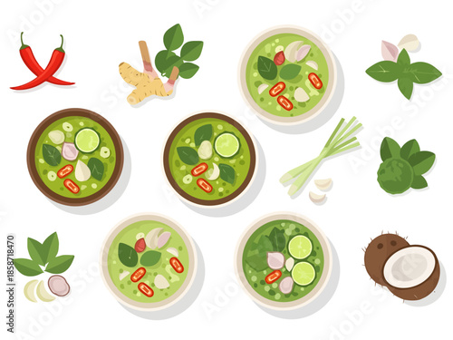 Traditional Southeast Asian Green Curry Ingredients and Dishes Collection