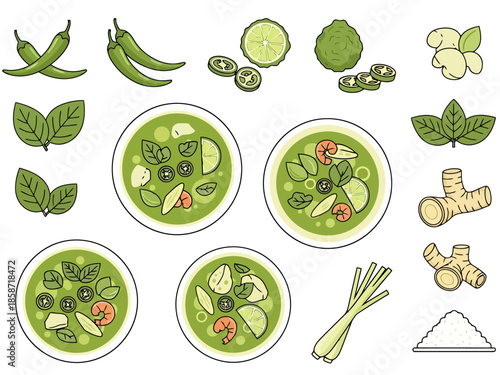 Thai Green Curry Ingredients and Prepared Dishes Collection