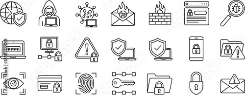 Cyber security and data protection line icons set featuring malware, encryption, firewall, privacy and secure network symbols for web design