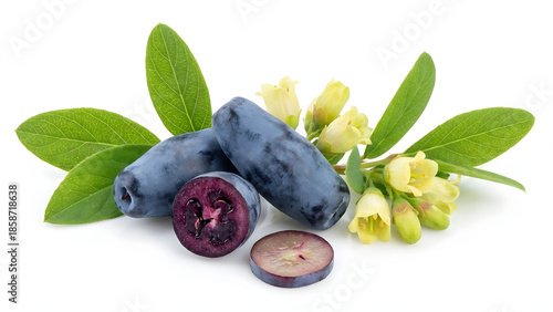 Fresh and ripe honeyberries with vibrant leaves and delicate yellow blossoms on a white background